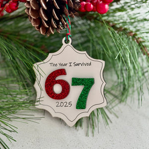 Ornament with 'The Year I Survived 67 2025' text on a Christmas tree background
