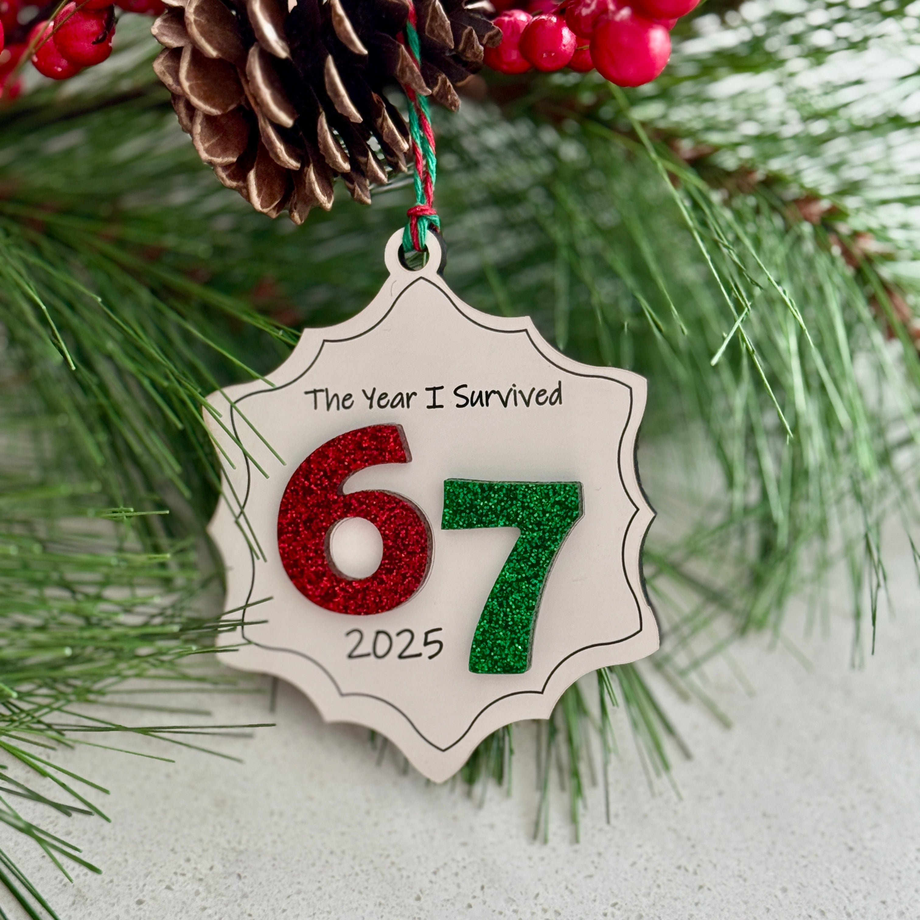 Ornament with 'The Year I Survived 67 2025' text on a Christmas tree background