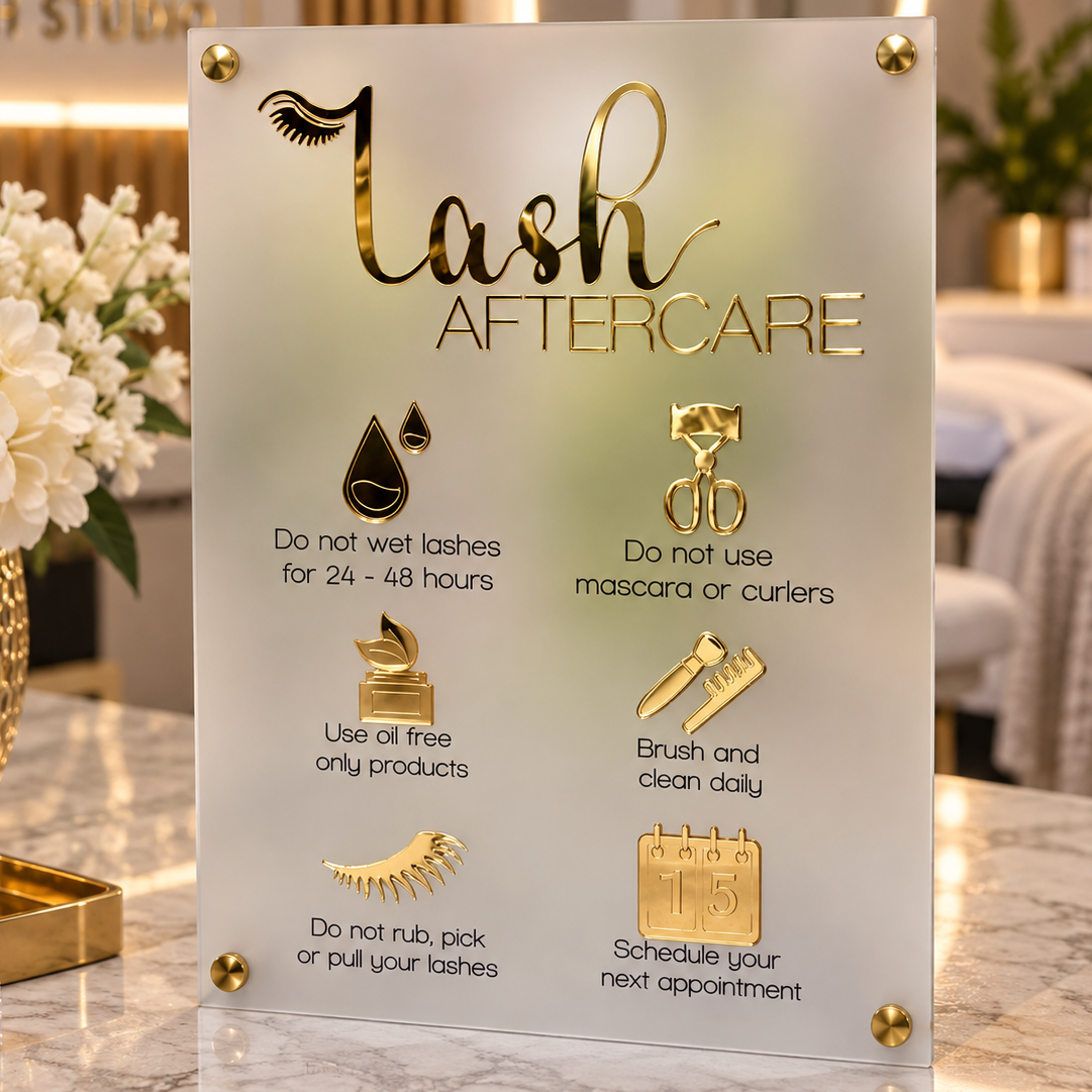 Custom Lash Aftercare Acrylic Sign | Personalized Eyelash Extension Care Display for Lash Studios & Beauty Salons