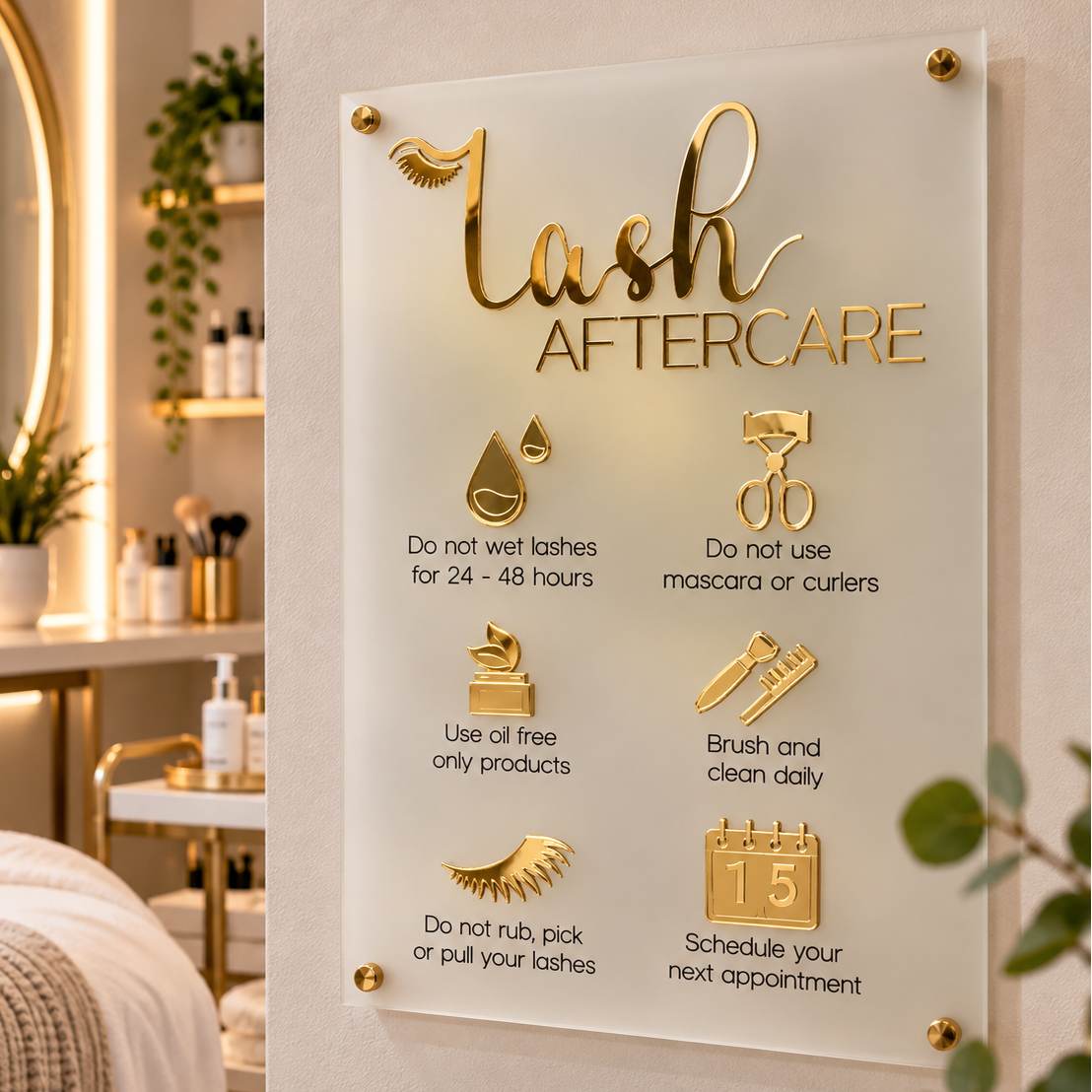 Custom Lash Aftercare Acrylic Sign | Personalized Eyelash Extension Care Display for Lash Studios & Beauty Salons