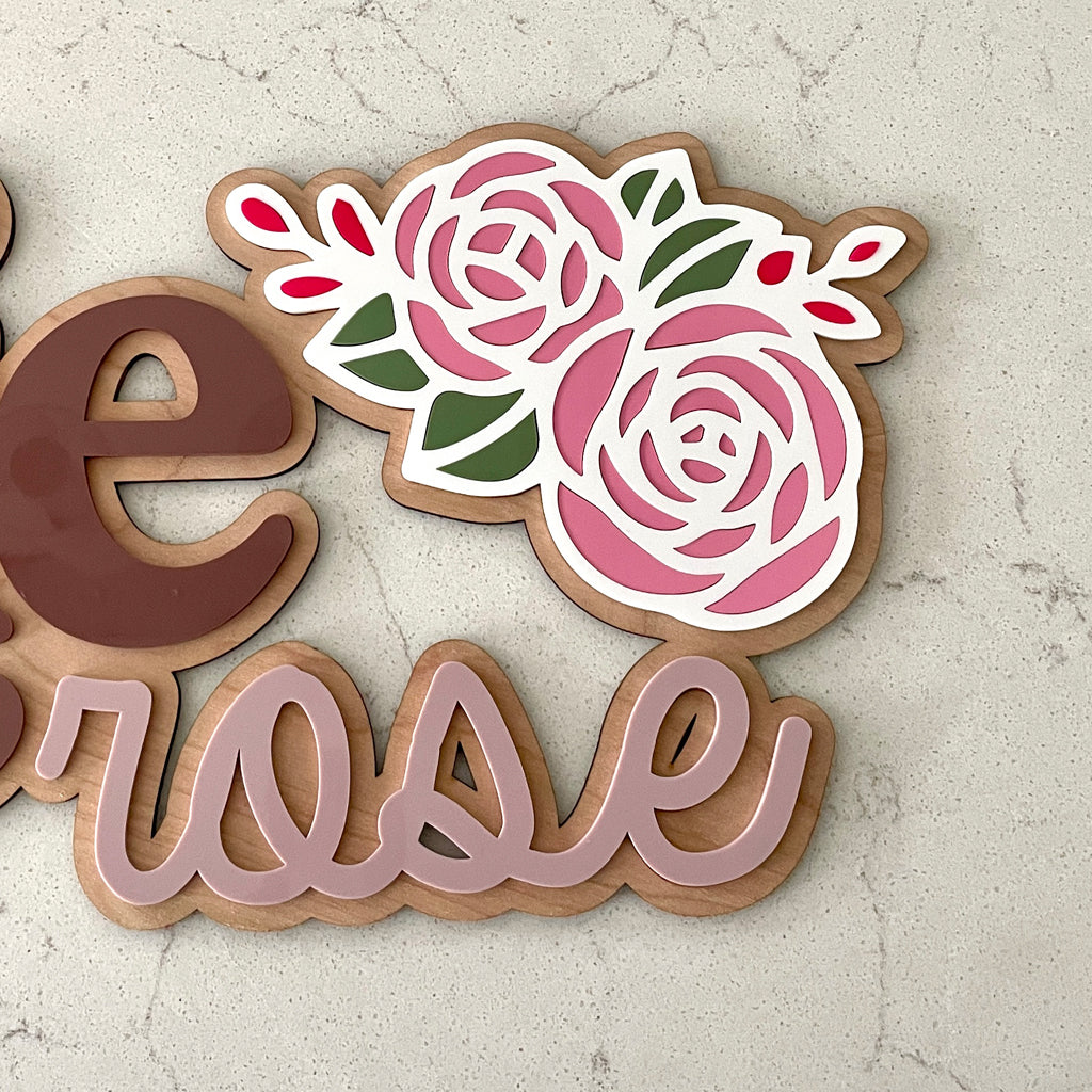 Rose Florals Nursery Name Sign With Layered Acrylic