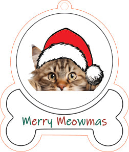 Maine Coon Cat wearing a Santa hat with 'Merry Meowmas' text on a bone-shaped background