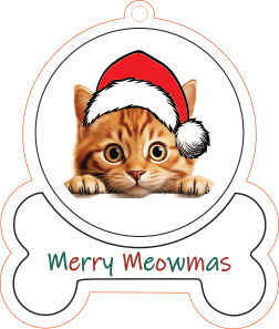 Manx Cat wearing a Santa hat with 'Merry Meowmas' text on a bone-shaped background