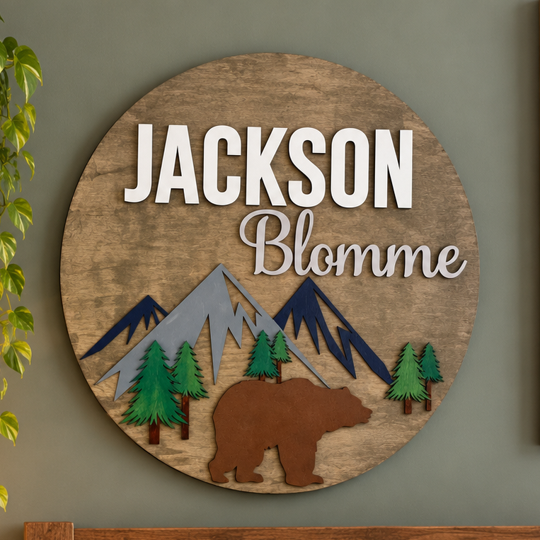 Personalized Woodland Name Sign | Bear & Mountain Wooden Nursery Wall Decor