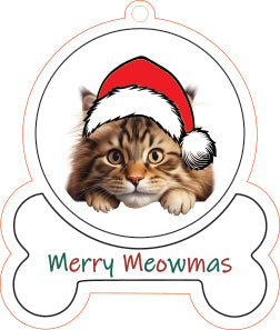 Norwegian Forest Cat wearing a Santa hat with 'Merry Meowmas' text on a bone-shaped background