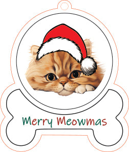 Persian Cat wearing a Santa hat with 'Merry Meowmas' text on a bone-shaped background