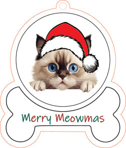Ragdoll Cat wearing a Santa hat with 'Merry Meowmas' text on a bone-shaped background