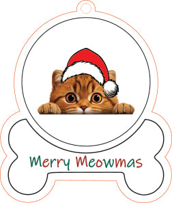 Scottish Fold Cat wearing a Santa hat inside a snow globe with 'Merry Meowmas' text on a white background