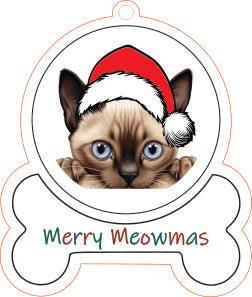 Siamese Cat wearing a Santa hat with 'Merry Meowmas' text on a white background
