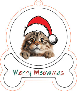 Siberian Cat wearing a Santa hat with 'Merry Meowmas' text on a bone-shaped background