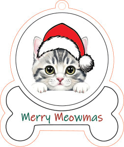 Tabby Cat wearing a Santa hat with 'Merry Meowmas' text on a bone-shaped background