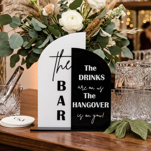 3D Mirror Gold Acrylic Bar Sign | Arched Wedding "The Drinks Are On Us" Tabletop Decor