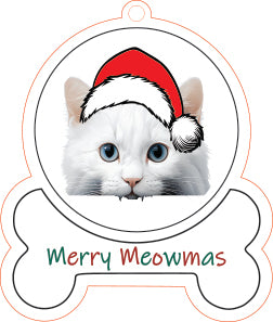 Turkish Angora Cat wearing a Santa hat with 'Merry Meowmas' text on a white background