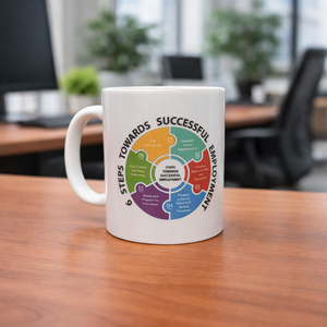 White mug with colorful diagram on a wooden desk in an office setting