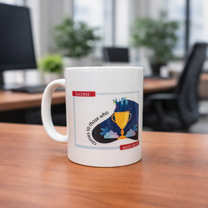 White mug with a motivational design on a wooden desk in an office setting