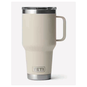 Beige YETI mug with a handle on a white background