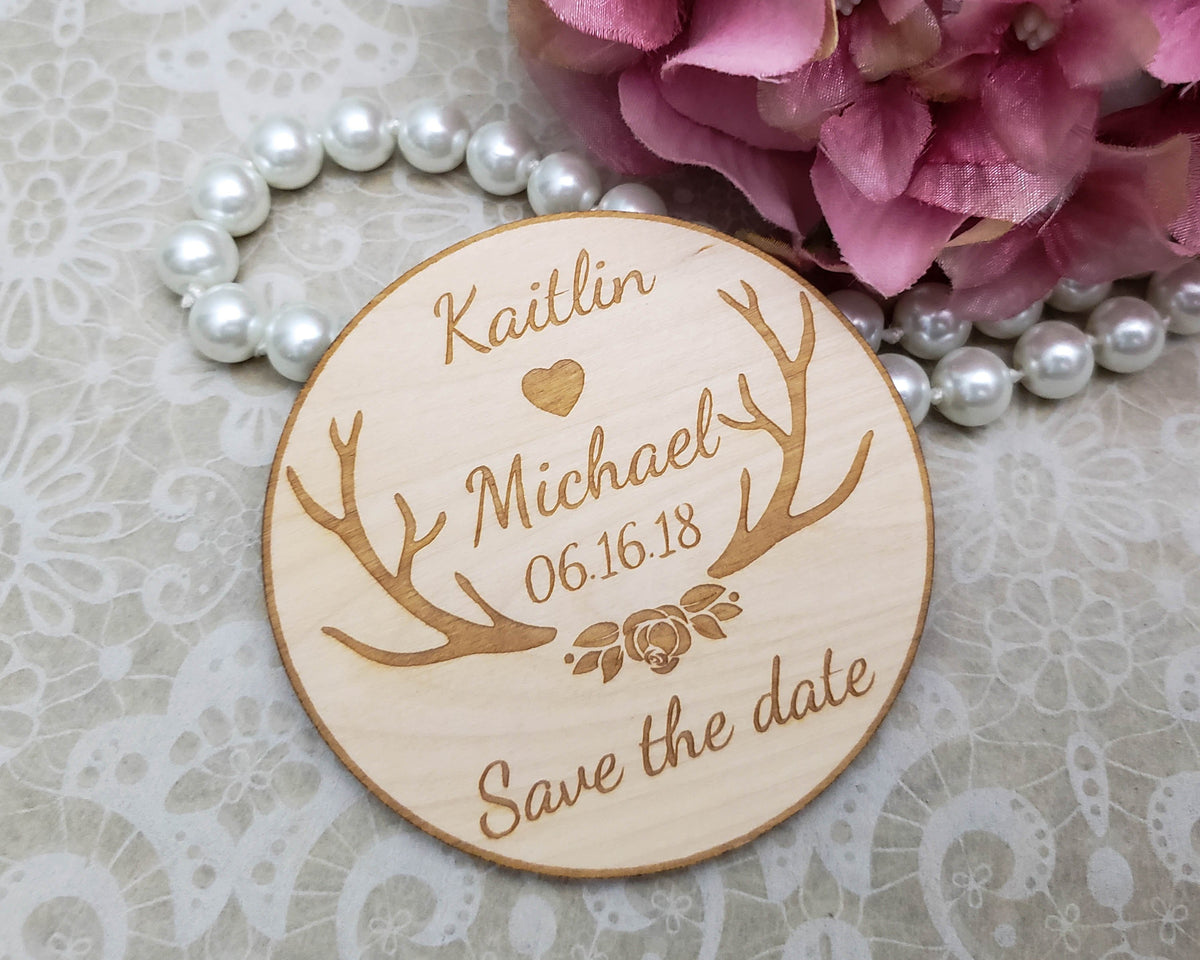Rustic wedding save the date magnets personalized in wood