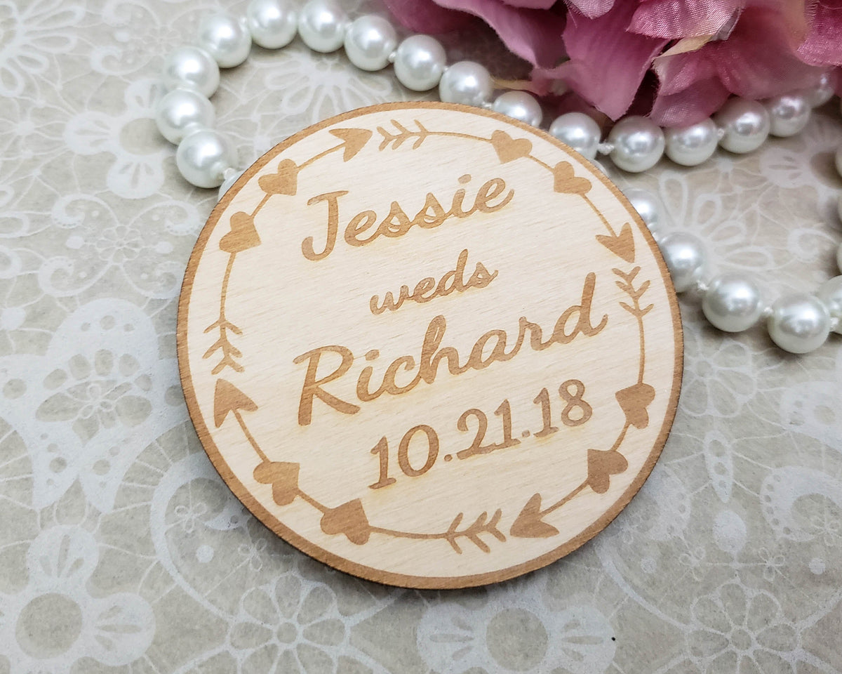 Boho save the date magnets personalized in wood