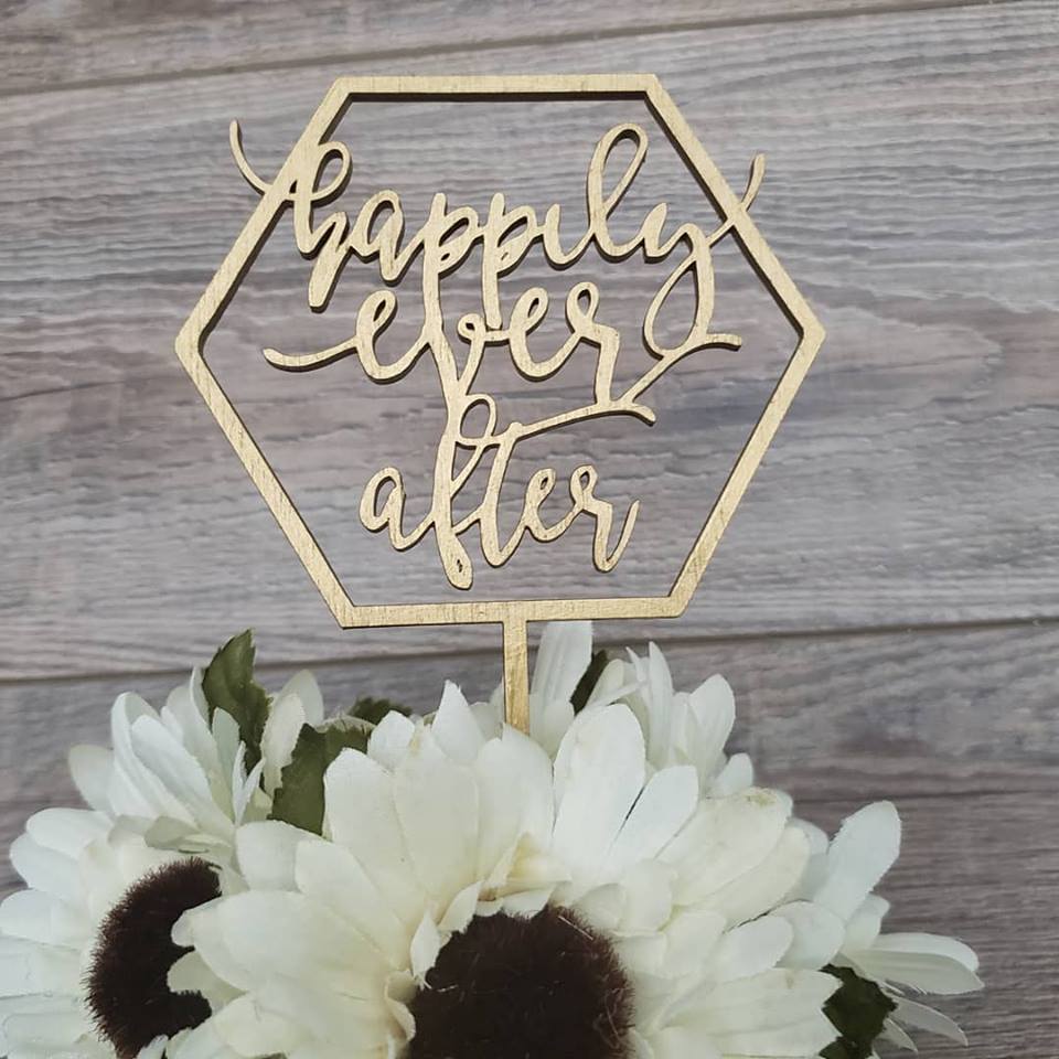 Happily ever after wedding cake topper customized in wood