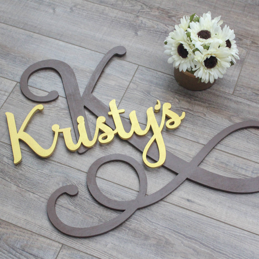 Fancy Wooden Initial Monogram and Name Sign