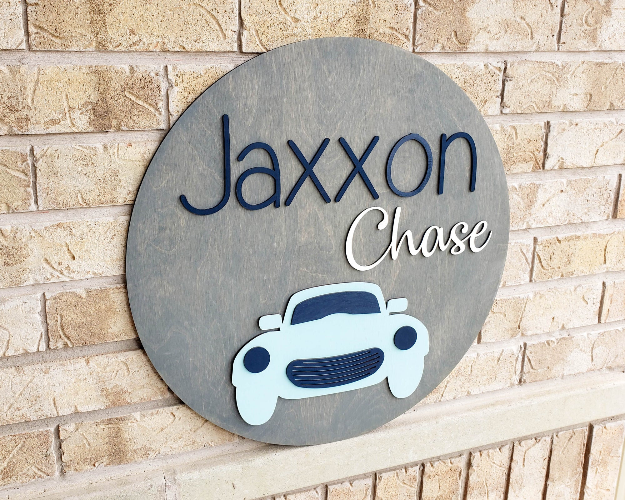 Round name sign with vintage car for boys room decor